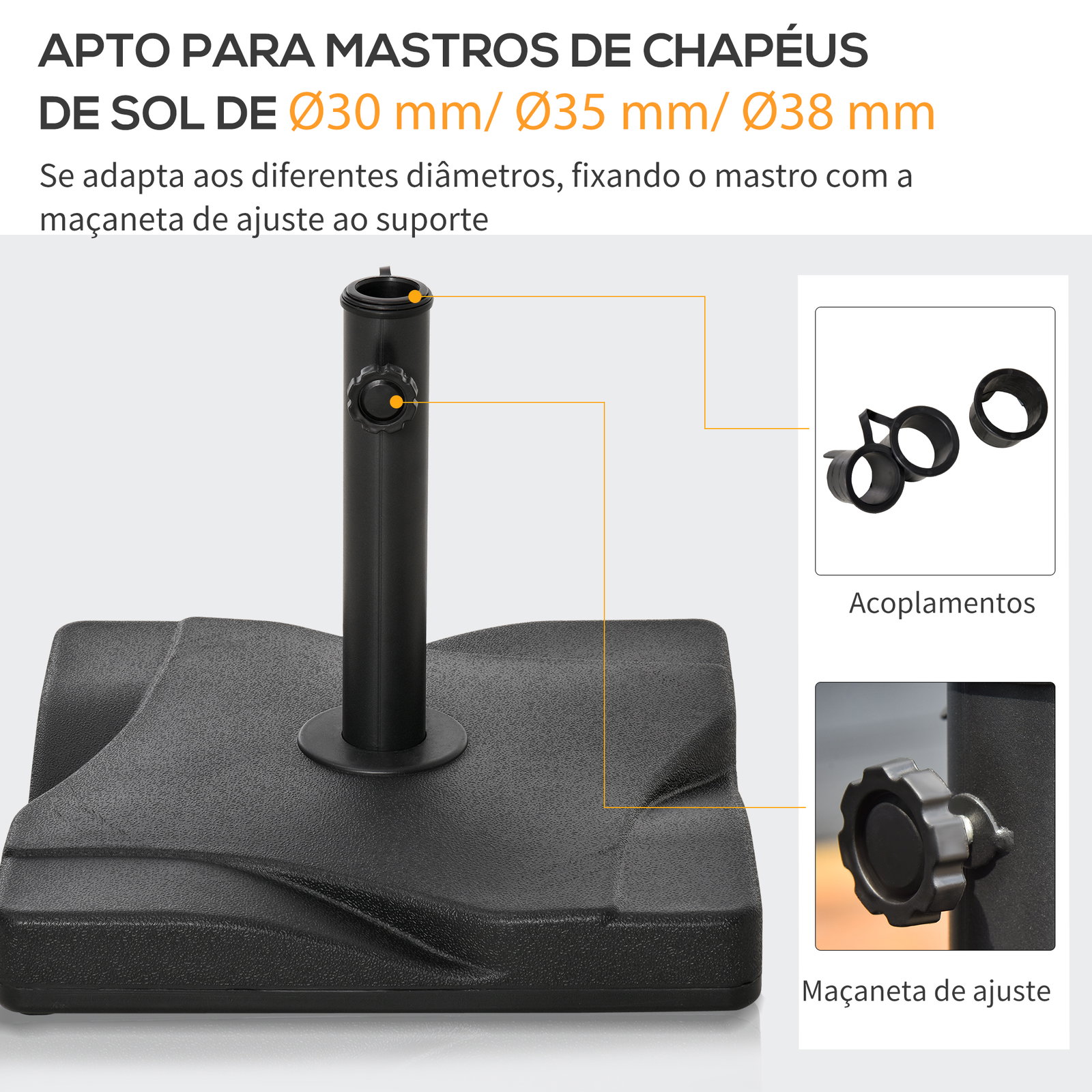 Base para chapéu de sol quadrada suporte para chapéu de sol para mastros com diámetro de 30mm 35mm e 38mm 41,5x41,5x35cm preto