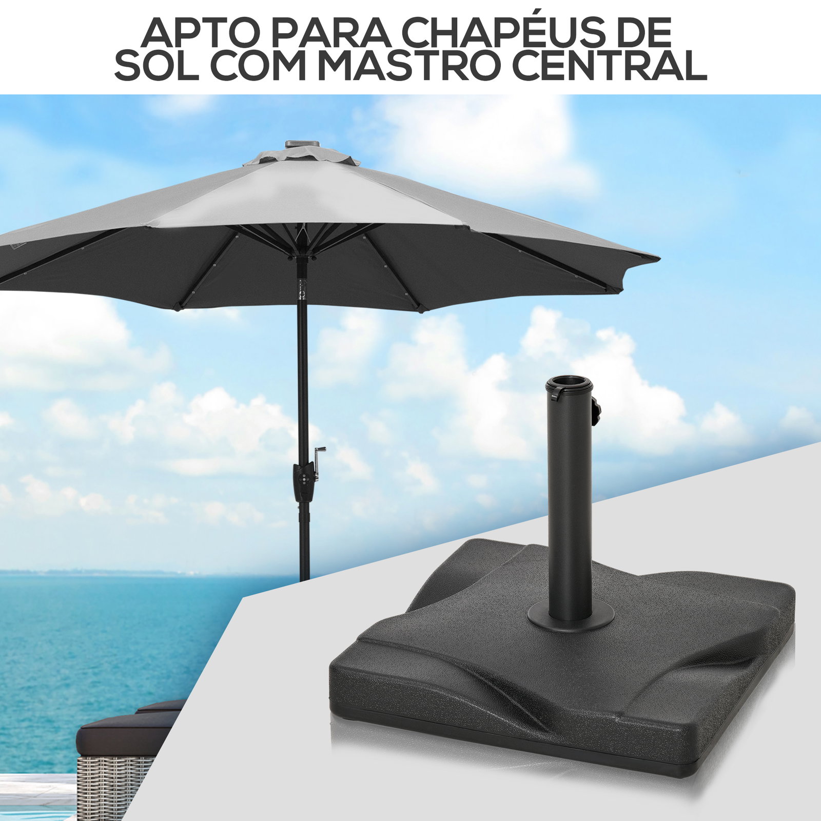 Base para chapéu de sol quadrada suporte para chapéu de sol para mastros com diámetro de 30mm 35mm e 38mm 41,5x41,5x35cm preto