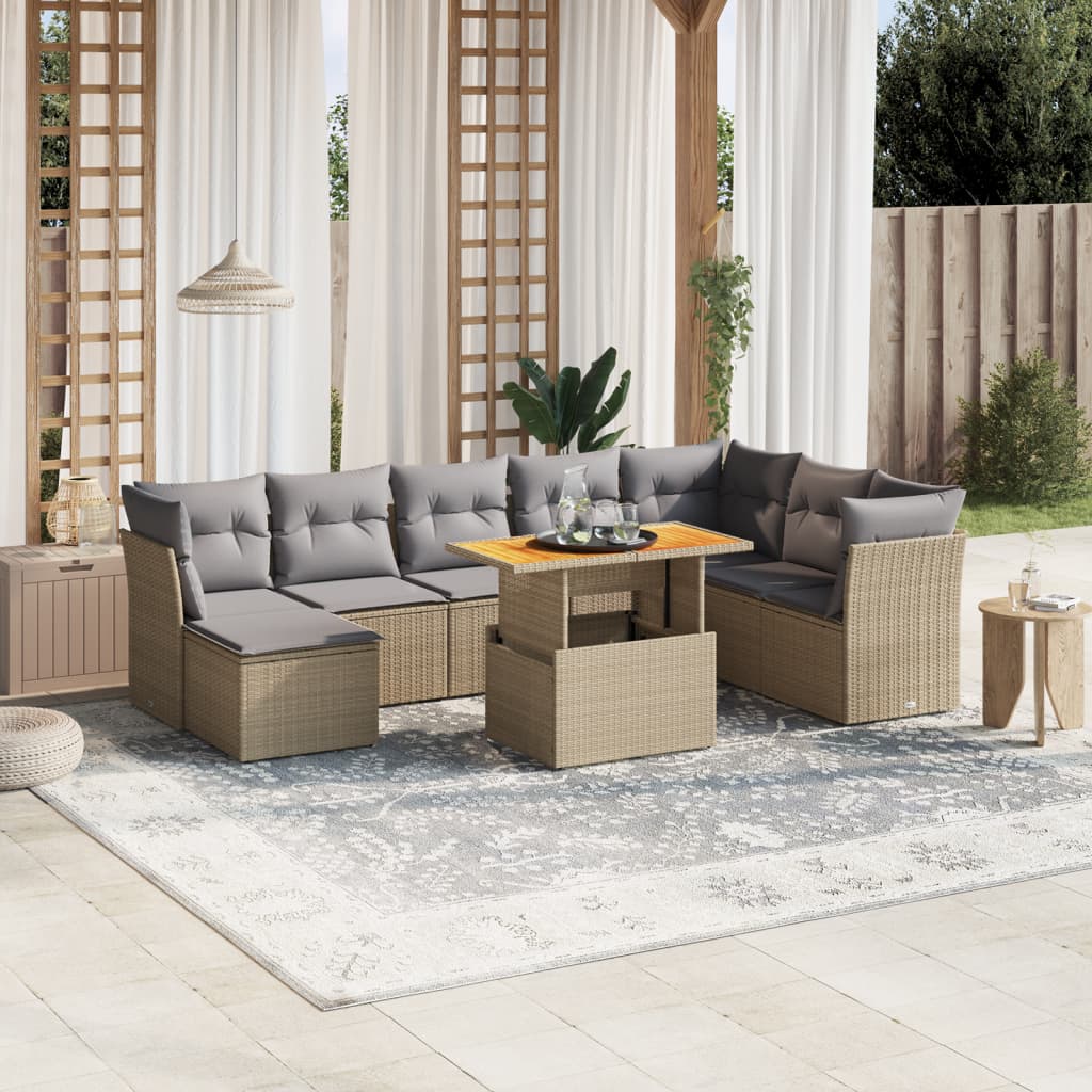 9 Pcs conjunto de sofás p/ jardim com almofadões vime PE bege