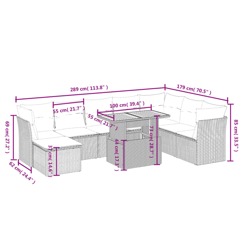 9 Pcs conjunto de sofás p/ jardim com almofadões vime PE bege