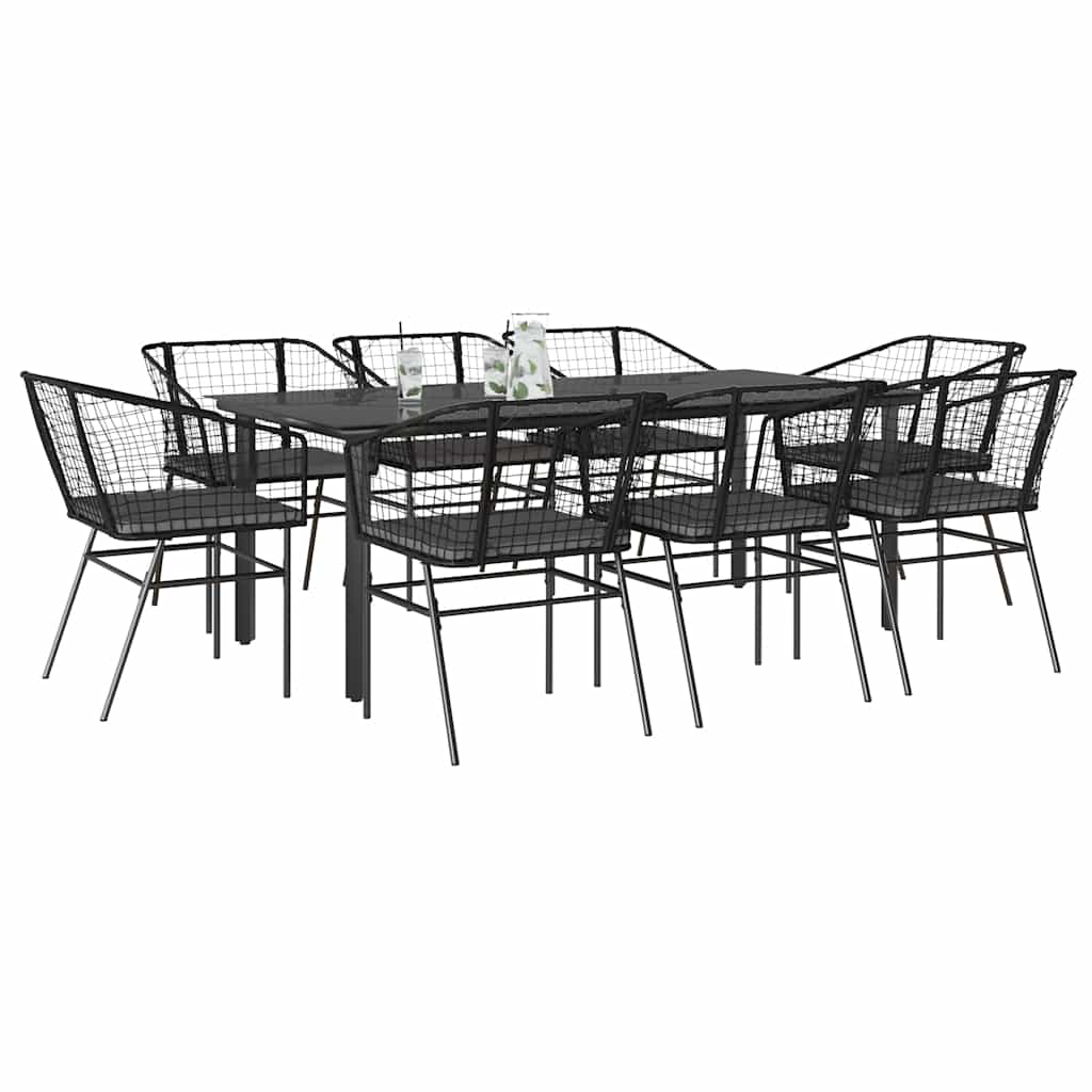 Conjunto de jantar jardim 9 peças almofadas vidro vime PE preto