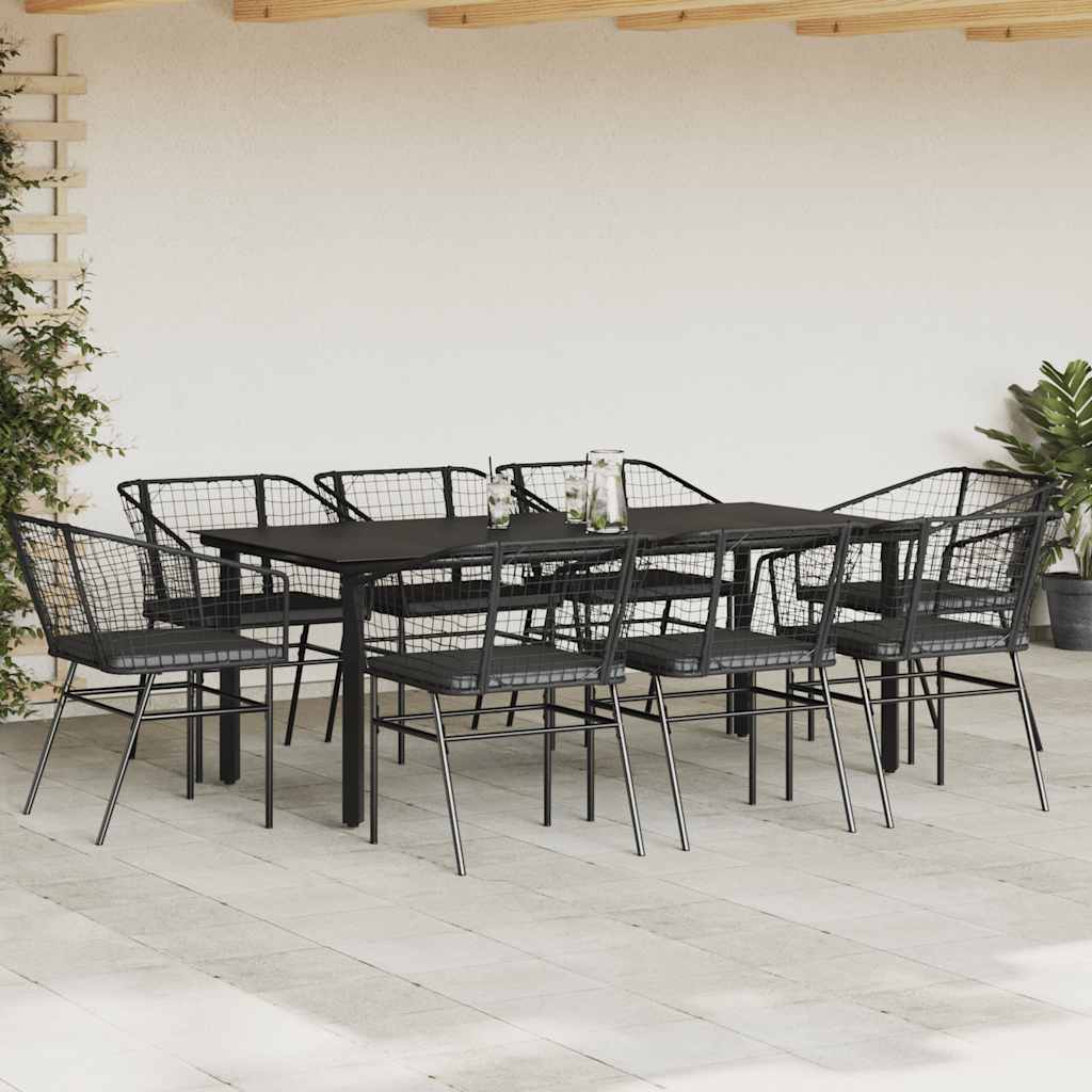 Conjunto de jantar jardim 9 peças almofadas vidro vime PE preto
