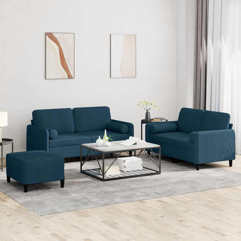 3 Pcs conjunto de sofás com almofadas veludo azul
