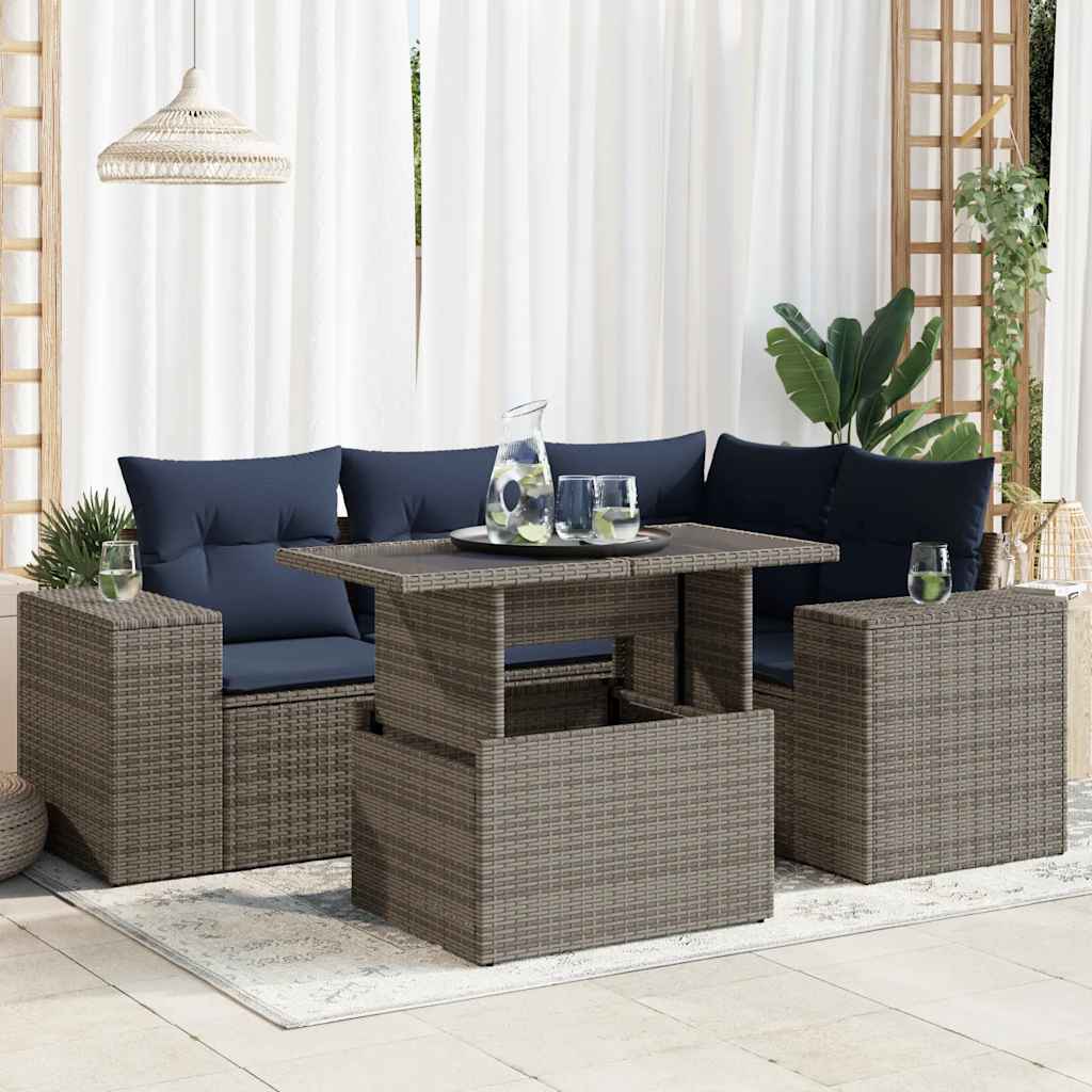5 Pcs conjunto sofás jardim com almofadões PE cinzento