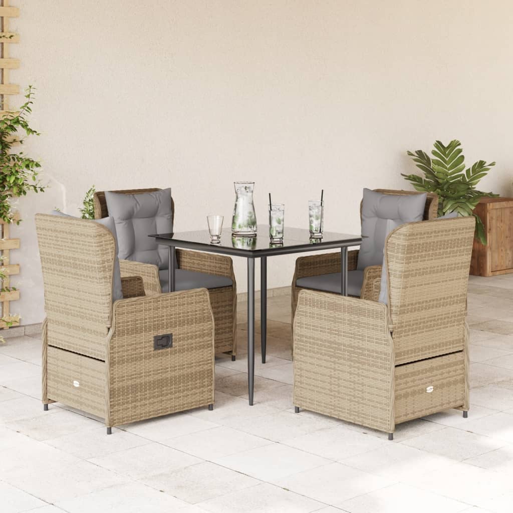 5 Pcs conjunto de jantar p/ jardim com almofadões vime PE bege