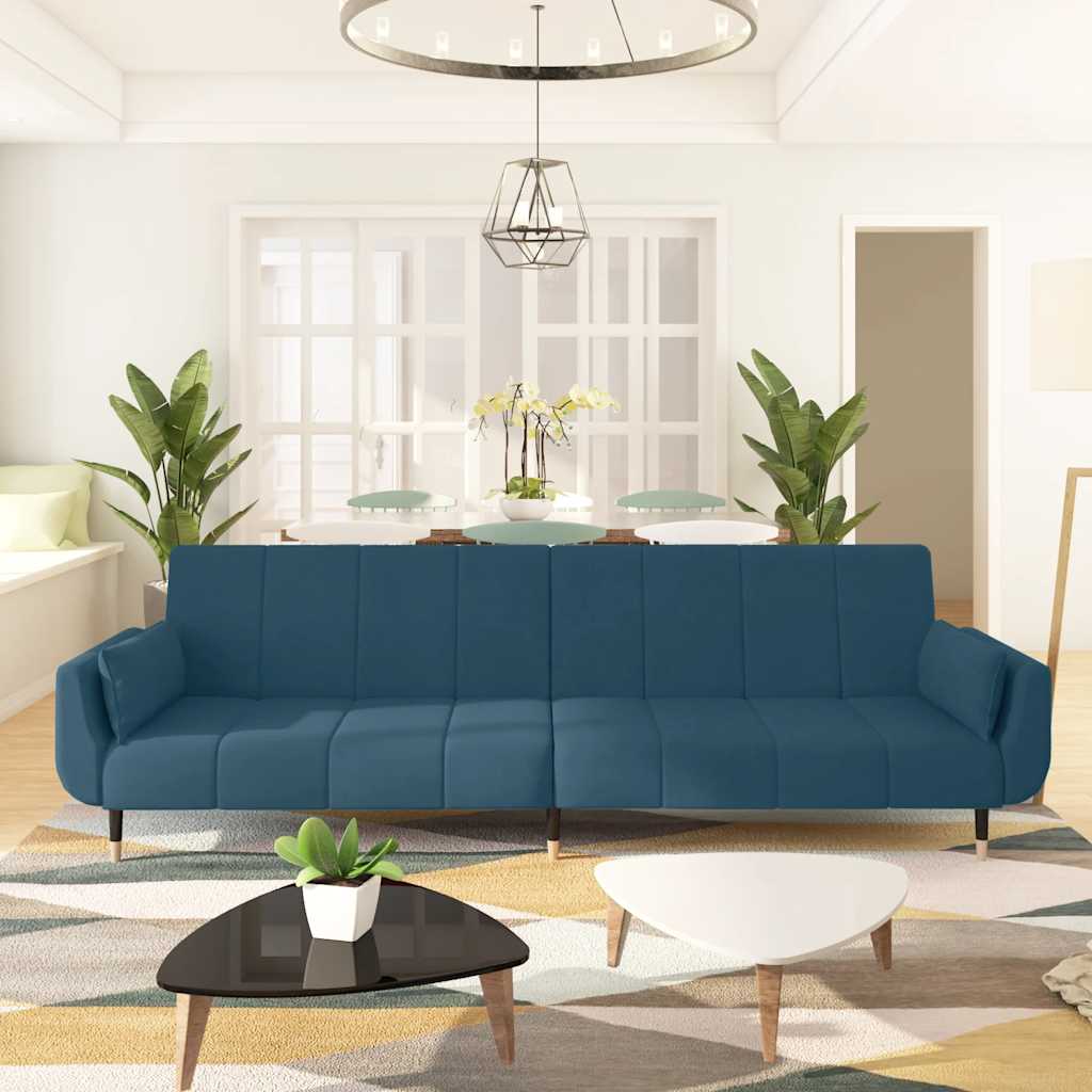 Sofá-cama 2 lugares com duas almofadas veludo azul