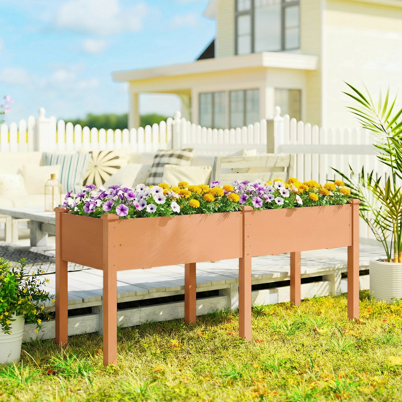 Floreira elevada de madeira 184x59x76,5 cm com 6 orifícios de drenagem para cultivo plantas flores castanho
