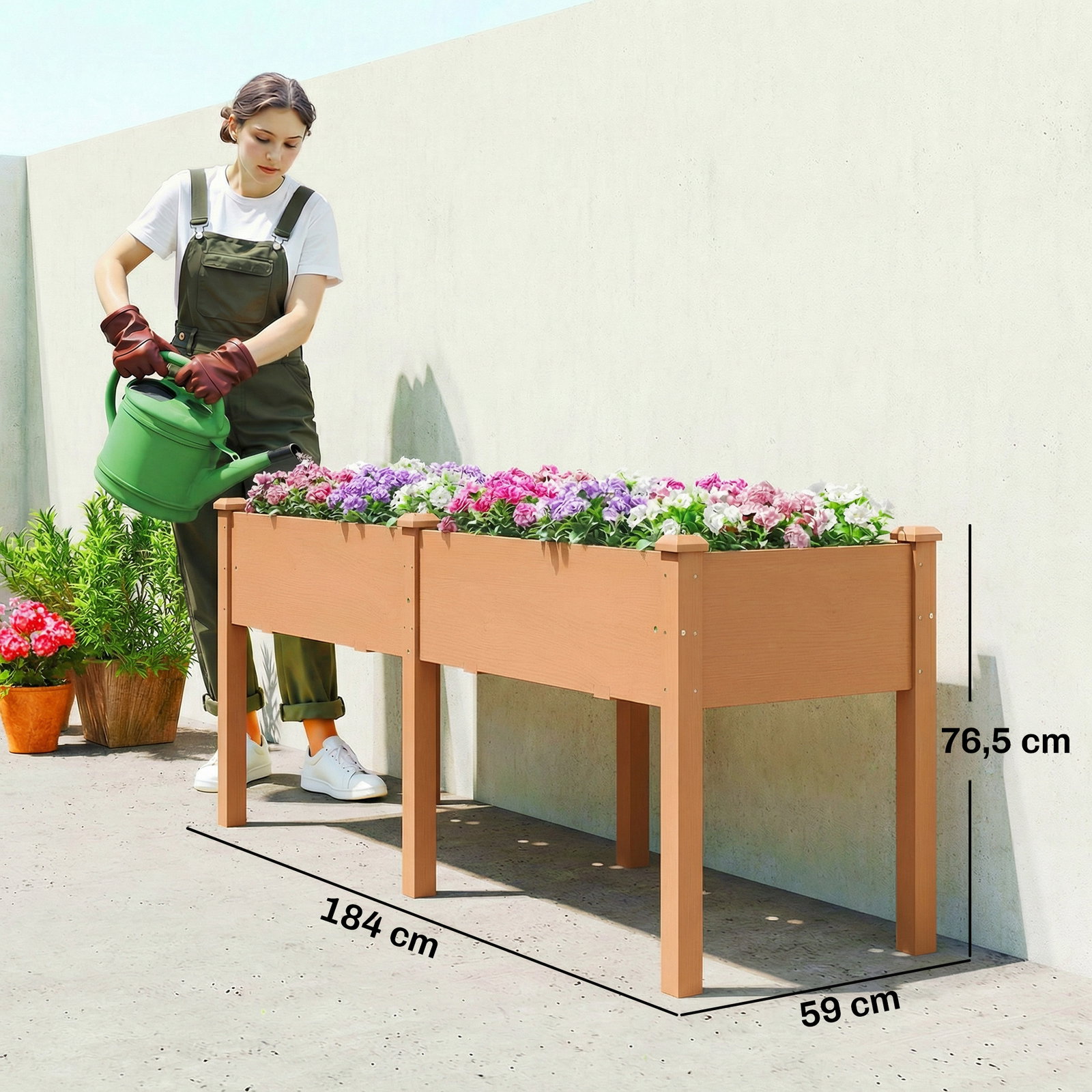 Floreira elevada de madeira 184x59x76,5 cm com 6 orifícios de drenagem para cultivo plantas flores castanho
