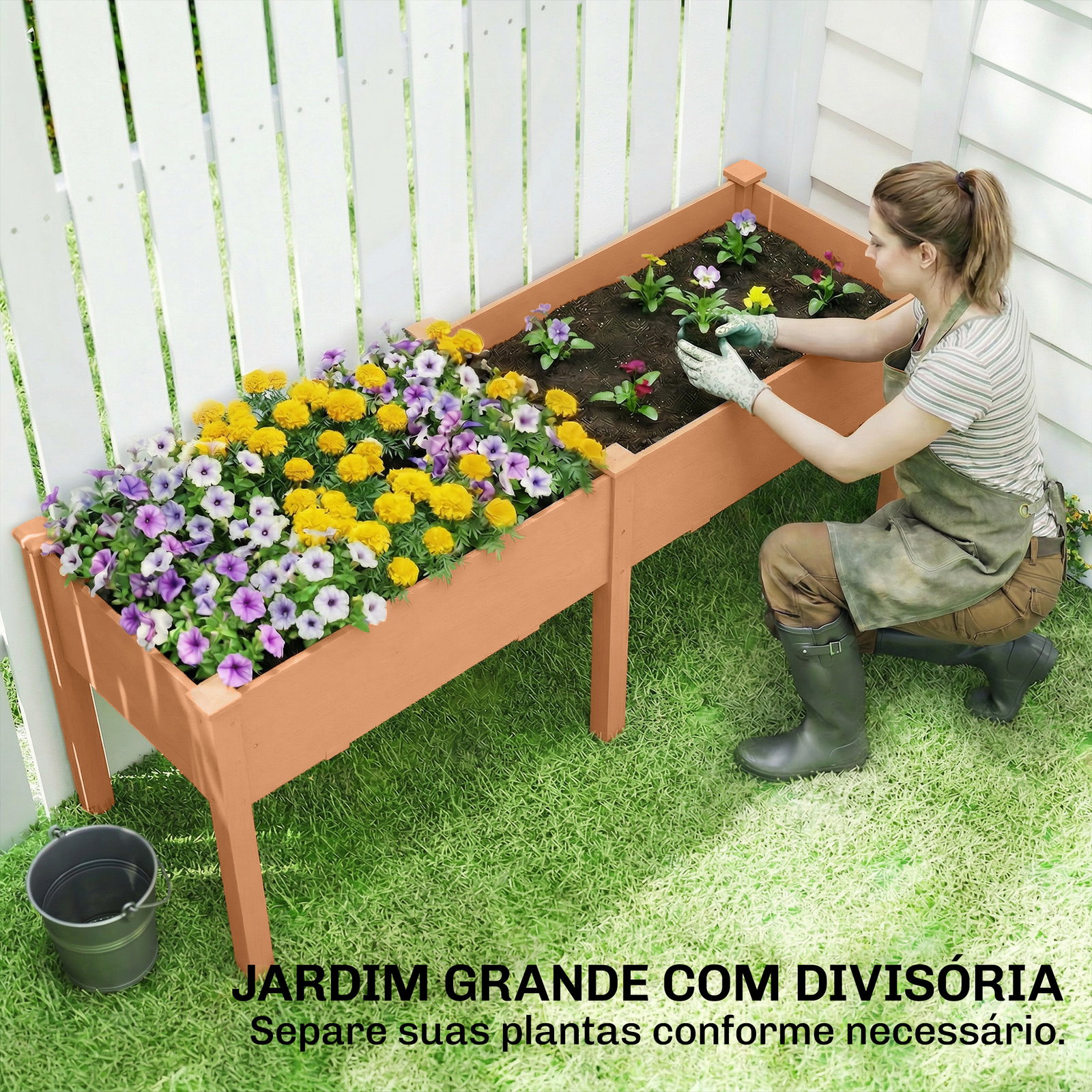 Floreira elevada de madeira 184x59x76,5 cm com 6 orifícios de drenagem para cultivo plantas flores castanho