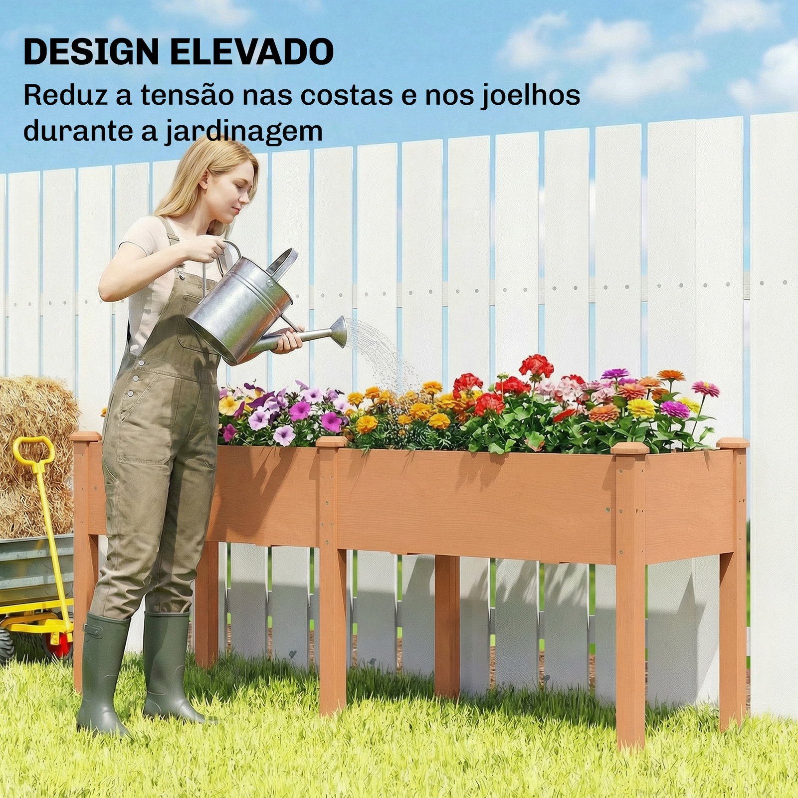 Floreira elevada de madeira 184x59x76,5 cm com 6 orifícios de drenagem para cultivo plantas flores castanho