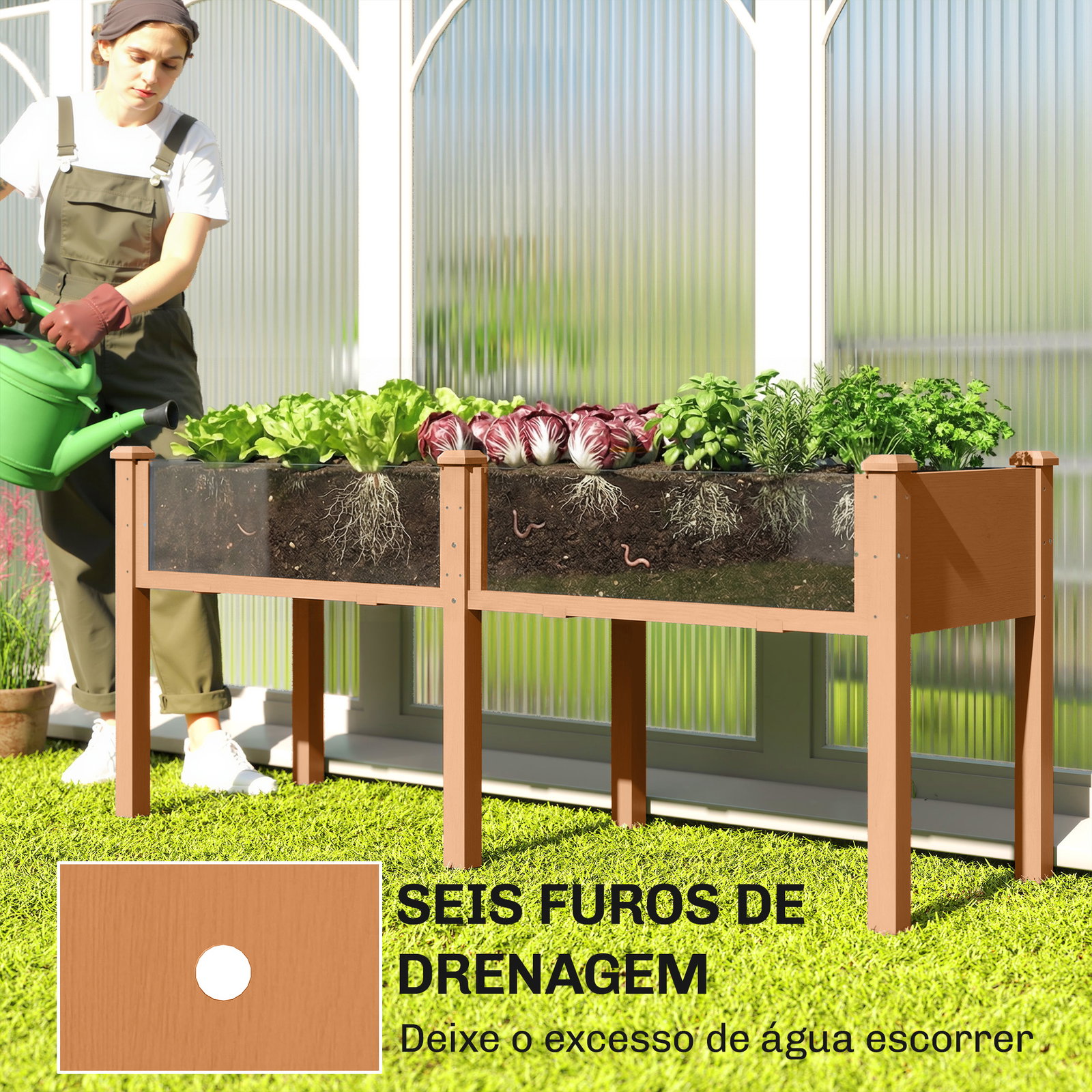 Floreira elevada de madeira 184x59x76,5 cm com 6 orifícios de drenagem para cultivo plantas flores castanho