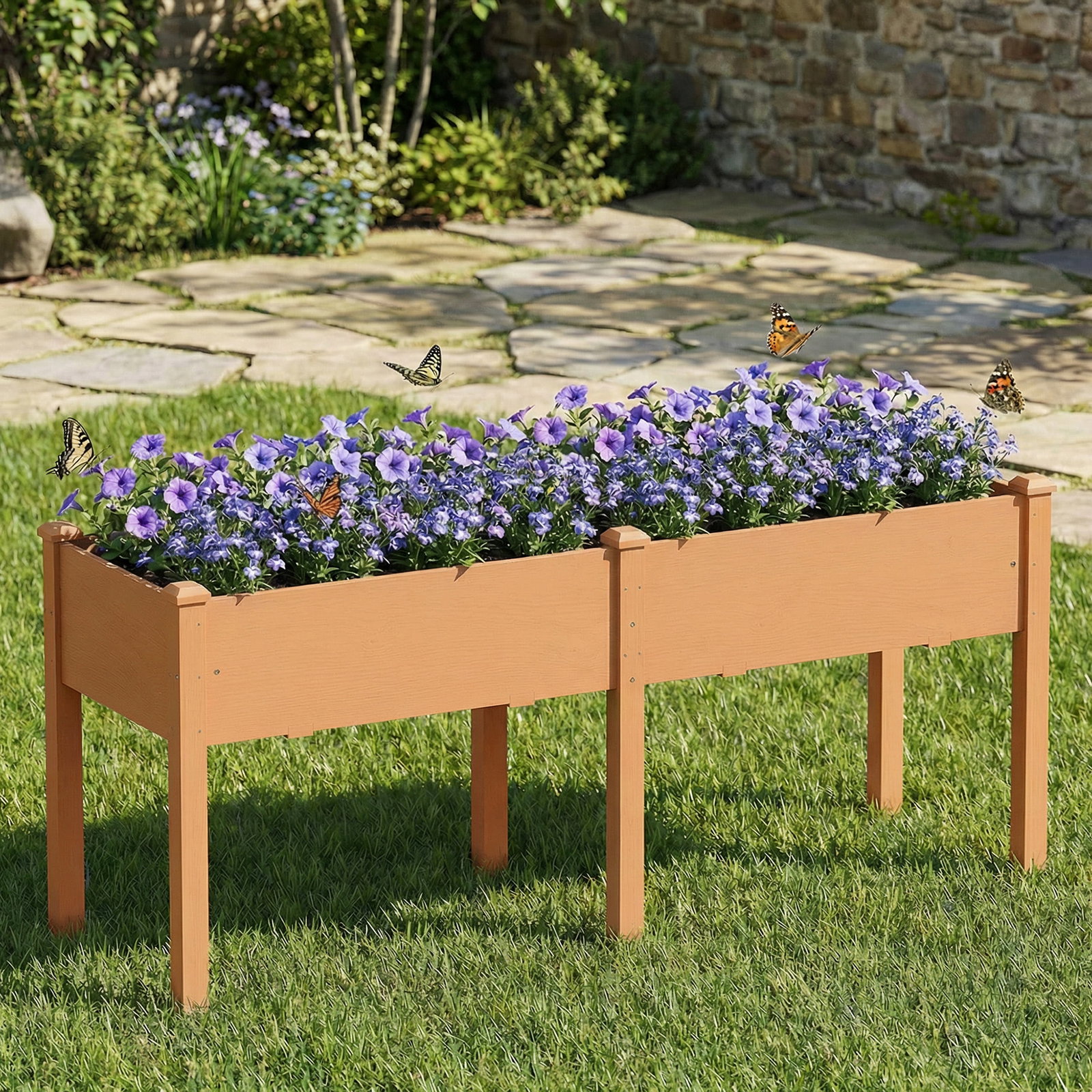 Floreira elevada de madeira 184x59x76,5 cm com 6 orifícios de drenagem para cultivo plantas flores castanho