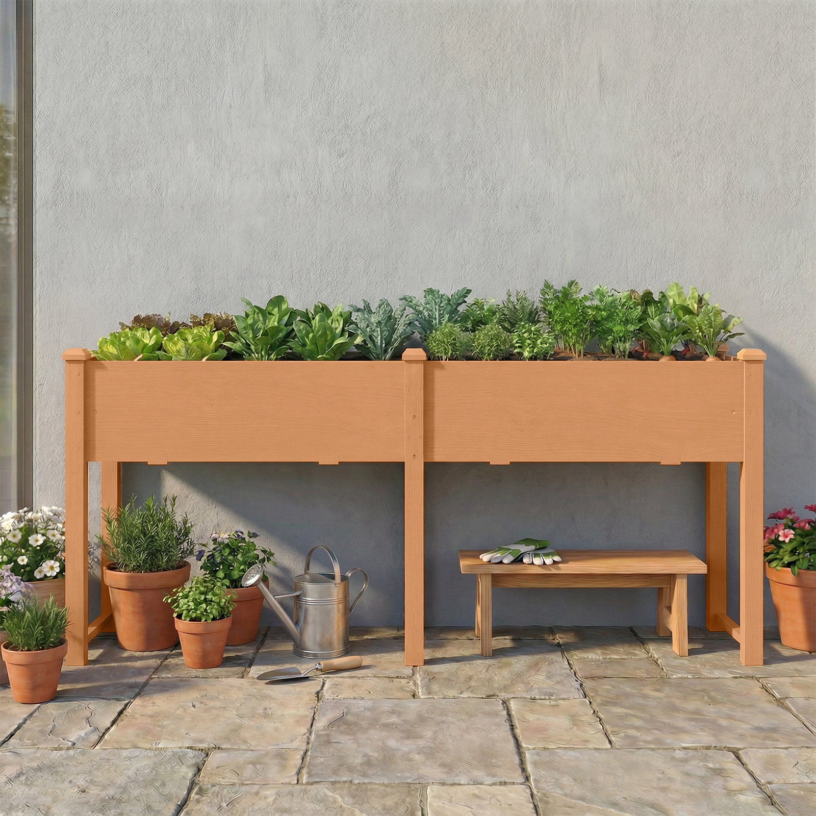 Floreira elevada de madeira 184x59x76,5 cm com 6 orifícios de drenagem para cultivo plantas flores castanho