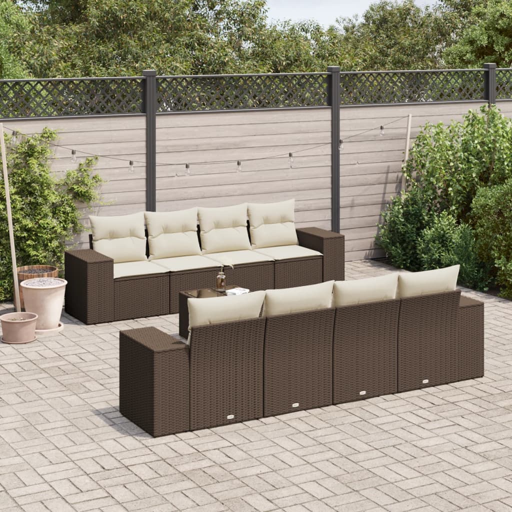 9 Pcs conjunto sofás p/ jardim c/ almofadões vime PE castanho