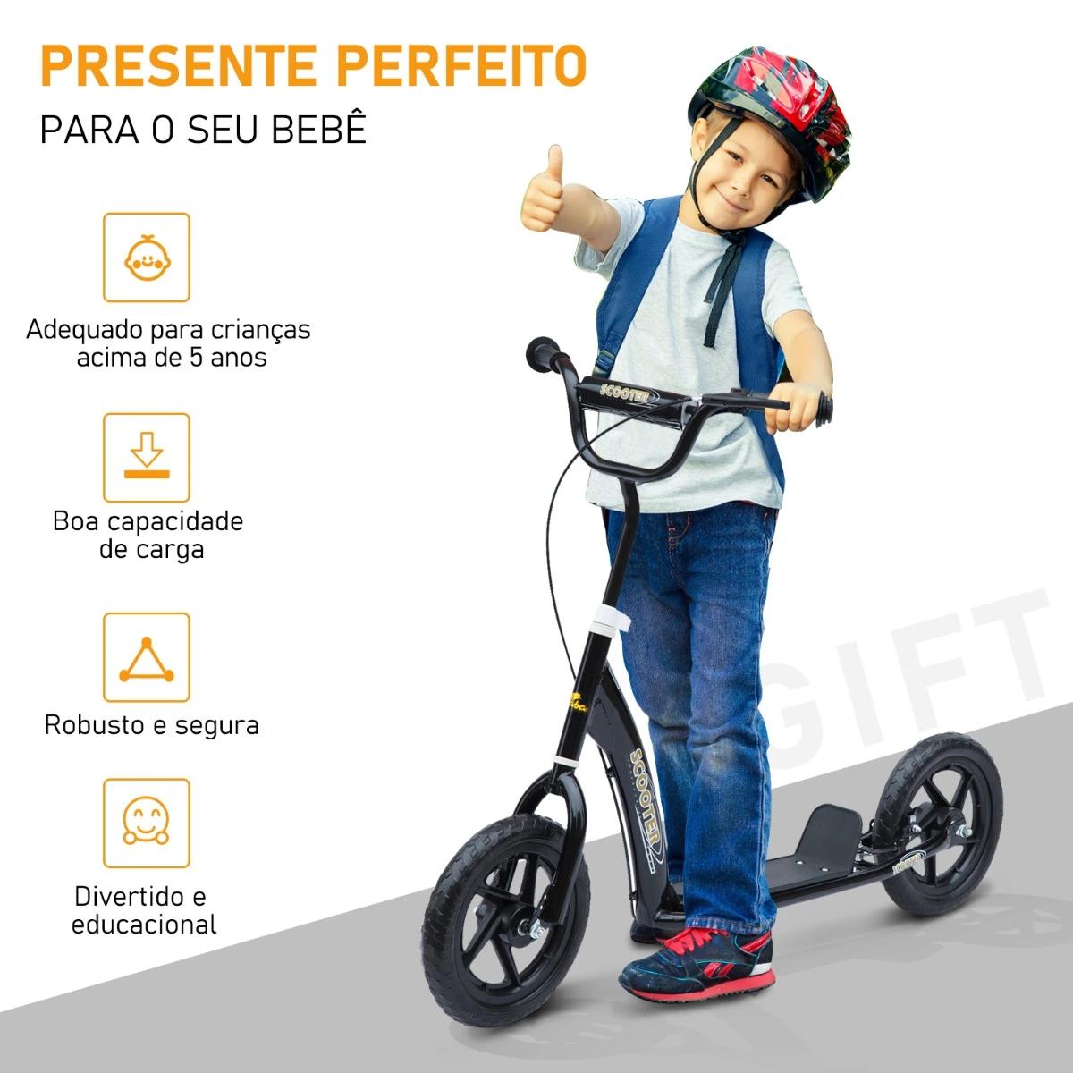 Trotinete para Crianças acima de 5 anos Scooter de 2 Rodas Grandes de 12 Polegadas com Freio e Guidão Ajustável em Altura Carga