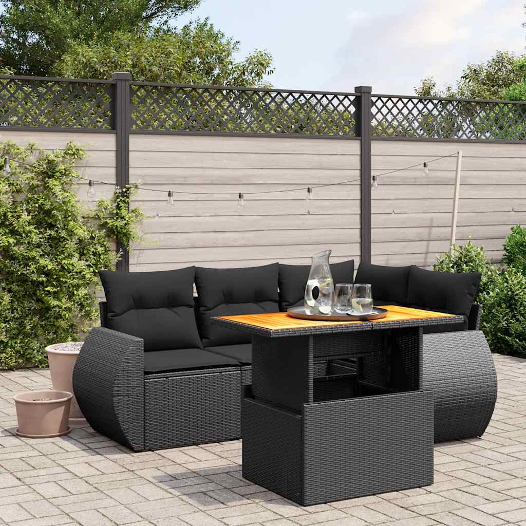 5 Pcs conjunto sofás de jardim com almofadões vime PE preto