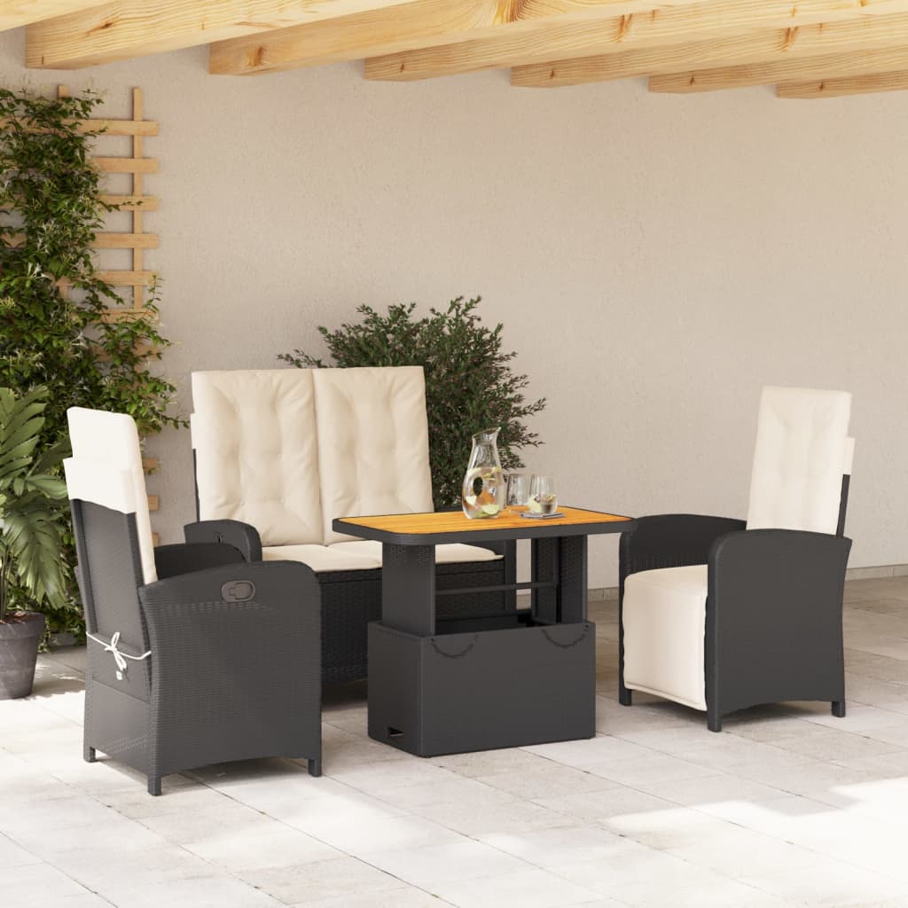 4 Pcs conjunto de jardim p/ jardim c/ almofadões vime PE preto