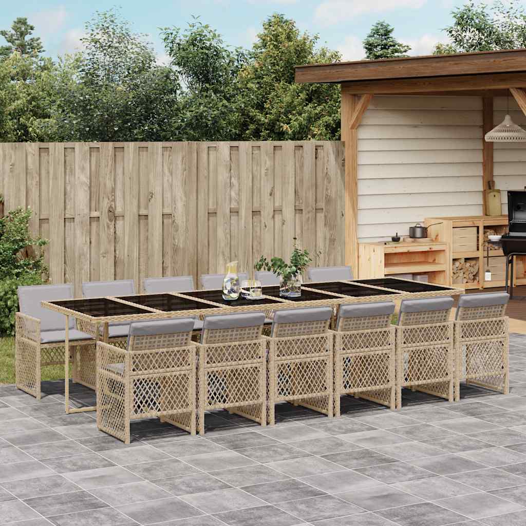 13 Pcs conjunto de jantar p/ jardim com almofadões vime PE bege