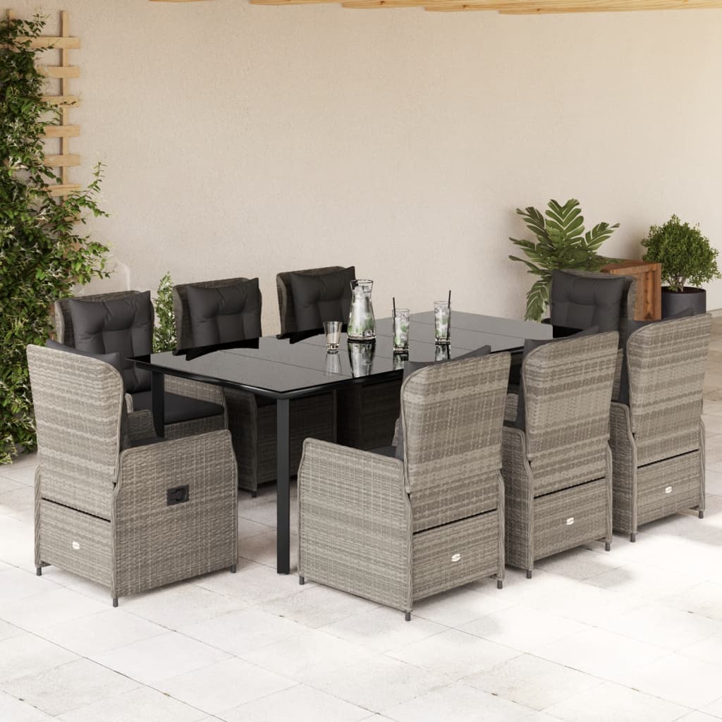 9 Pcs conjunto de jantar p/ jardim c/ almofadões cinzento claro
