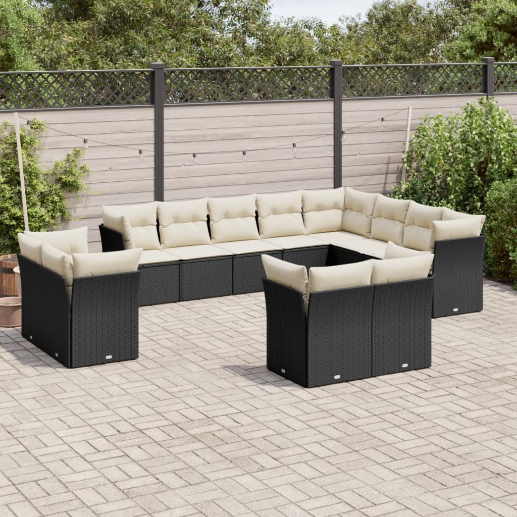 12 Pcs conjunto de sofás de jardim c/ almofadões vime PE preto