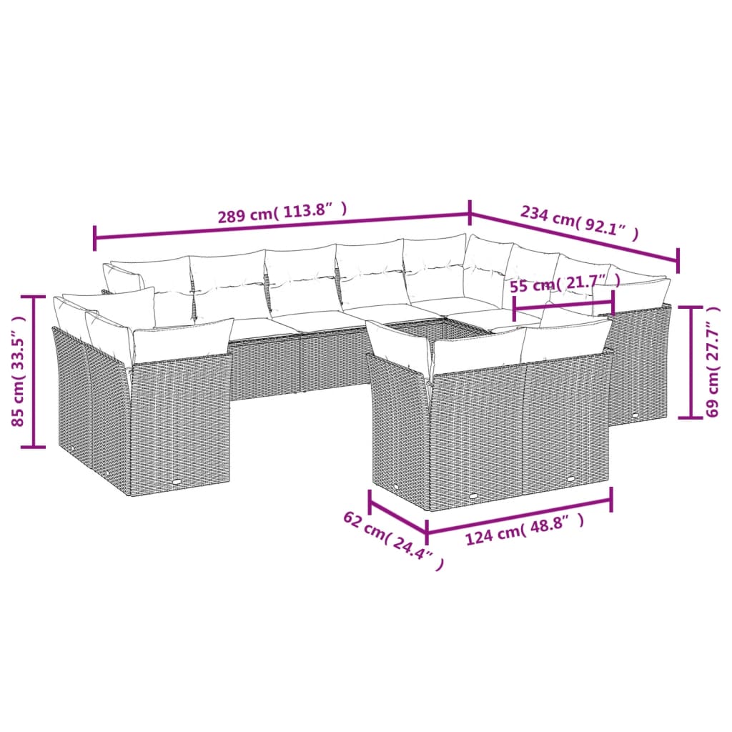 12 Pcs conjunto de sofás de jardim c/ almofadões vime PE preto