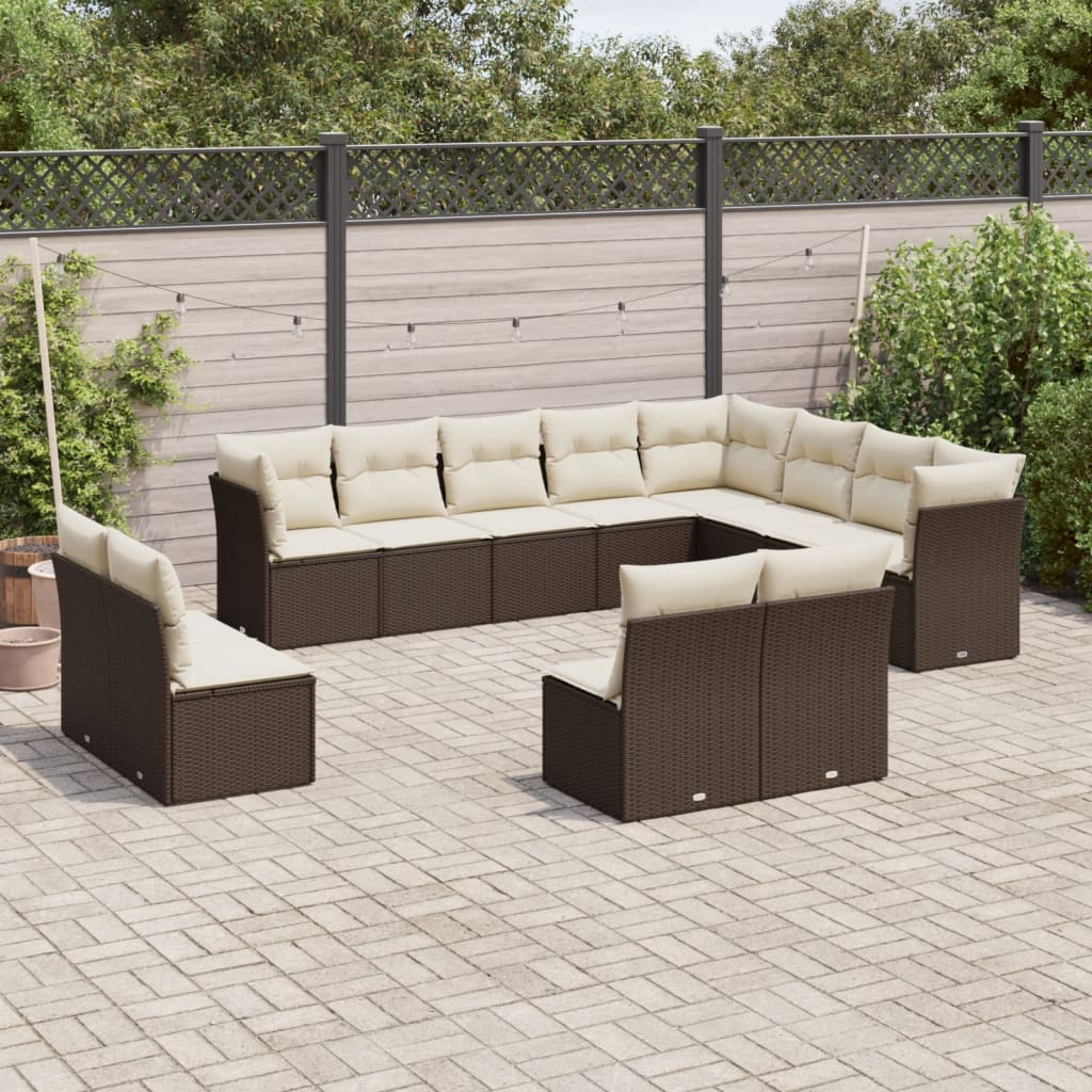 12 Pcs conjunto de sofás jardim com almofadões vime PE castanho