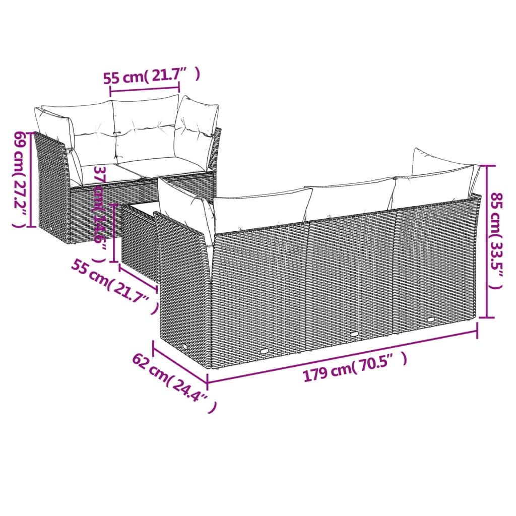 6 Pcs conjunto sofás de jardim c/ almofadões vime PE preto