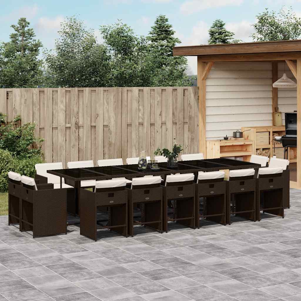 17 Pcs conjunto jantar p/ jardim c/ almofadões vime PE castanho