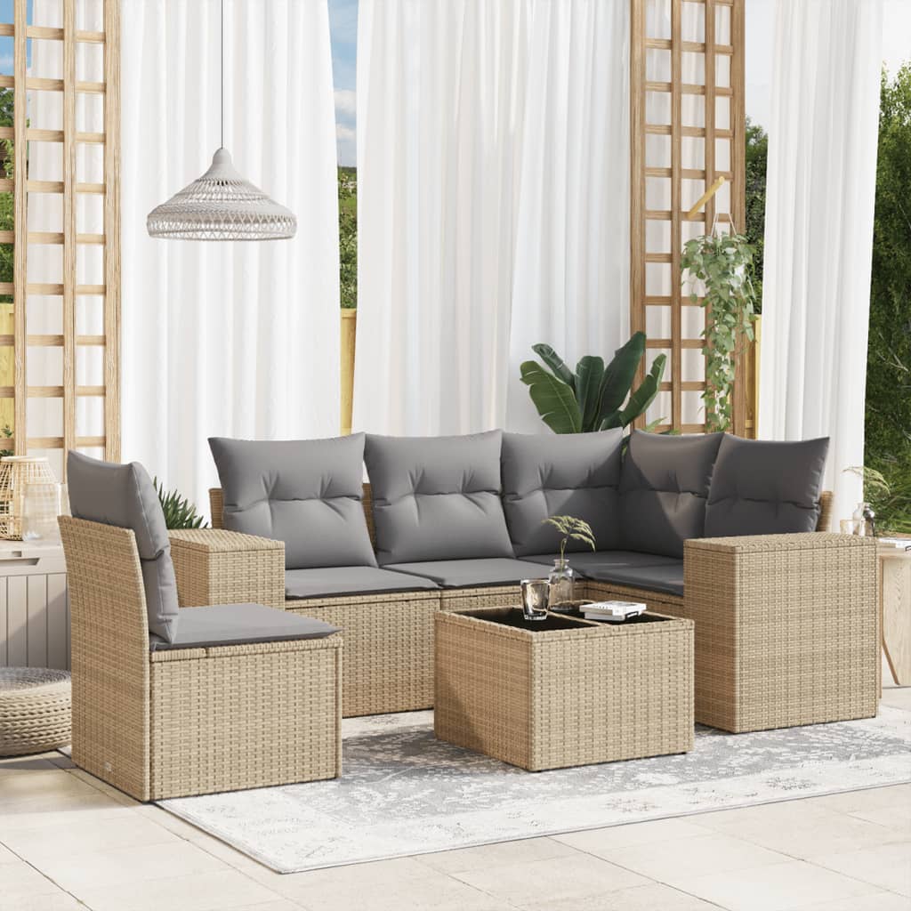 6 Pcs conjunto de sofás p/ jardim com almofadões vime PE bege