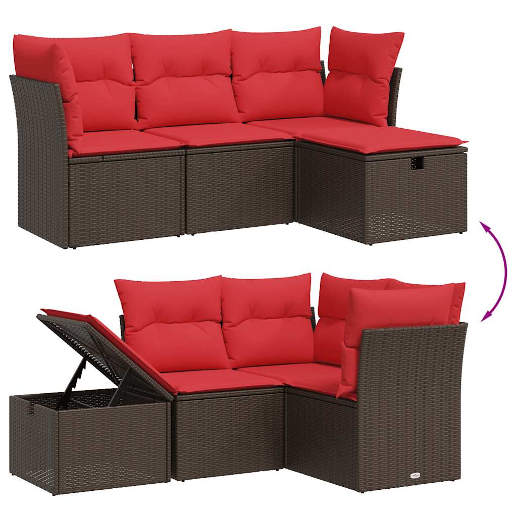 Conjunto de sofá de jardim com 4 peças e almofadas em rattan sintético marrom
