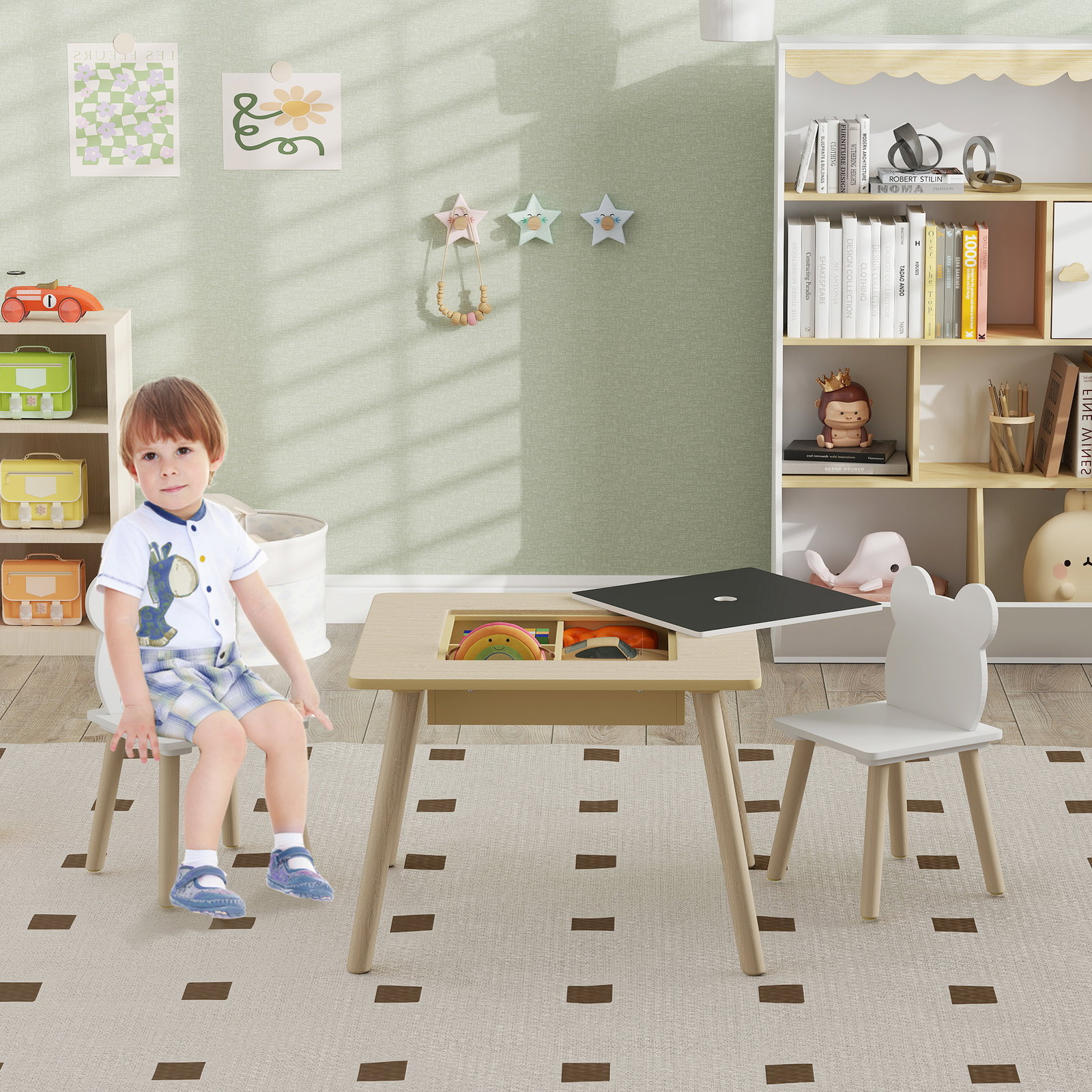 Conjunto de mesa e 2 cadeiras com encosto em forma de ursinho e compartimentos ocultos madeira e branco