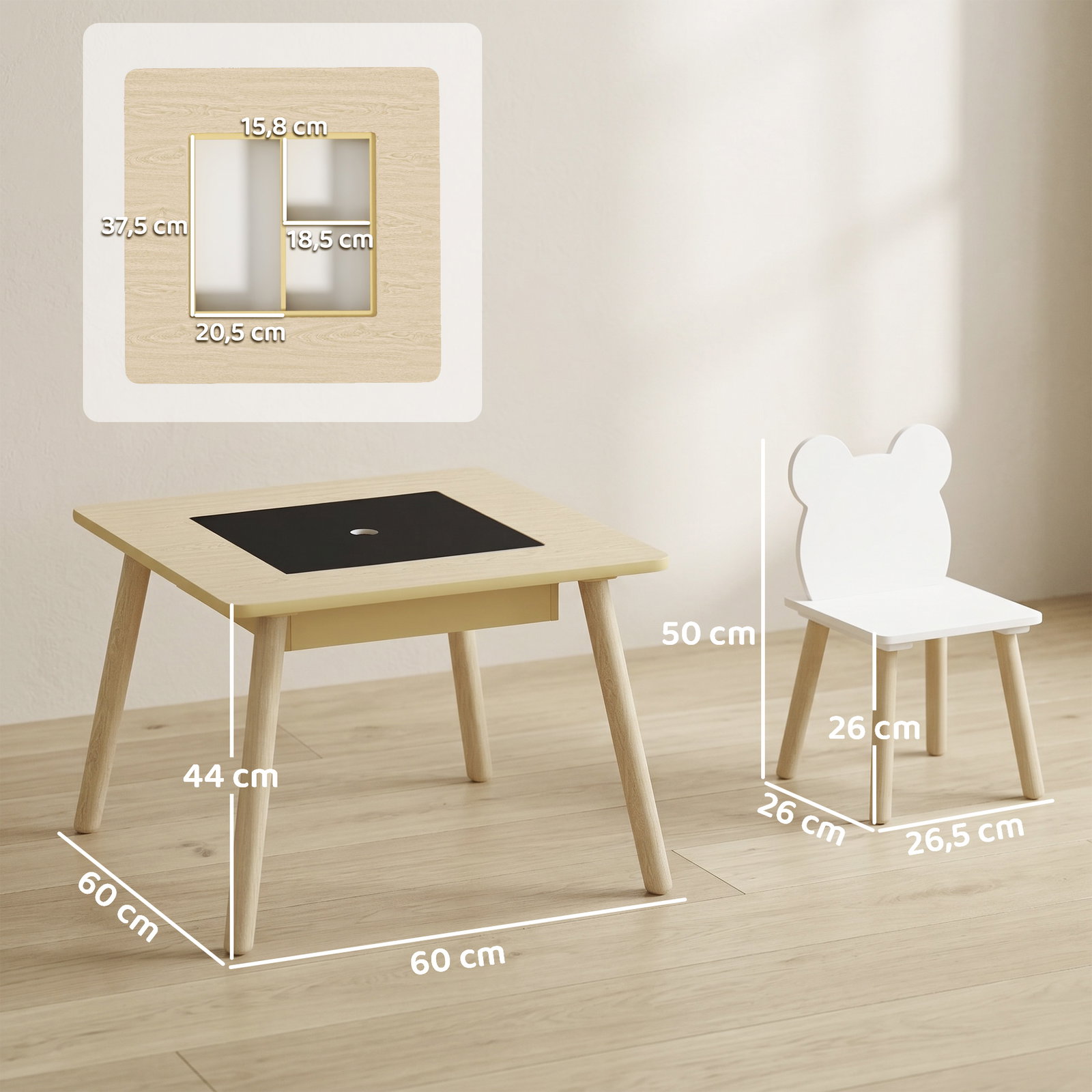 Conjunto de mesa e 2 cadeiras com encosto em forma de ursinho e compartimentos ocultos madeira e branco
