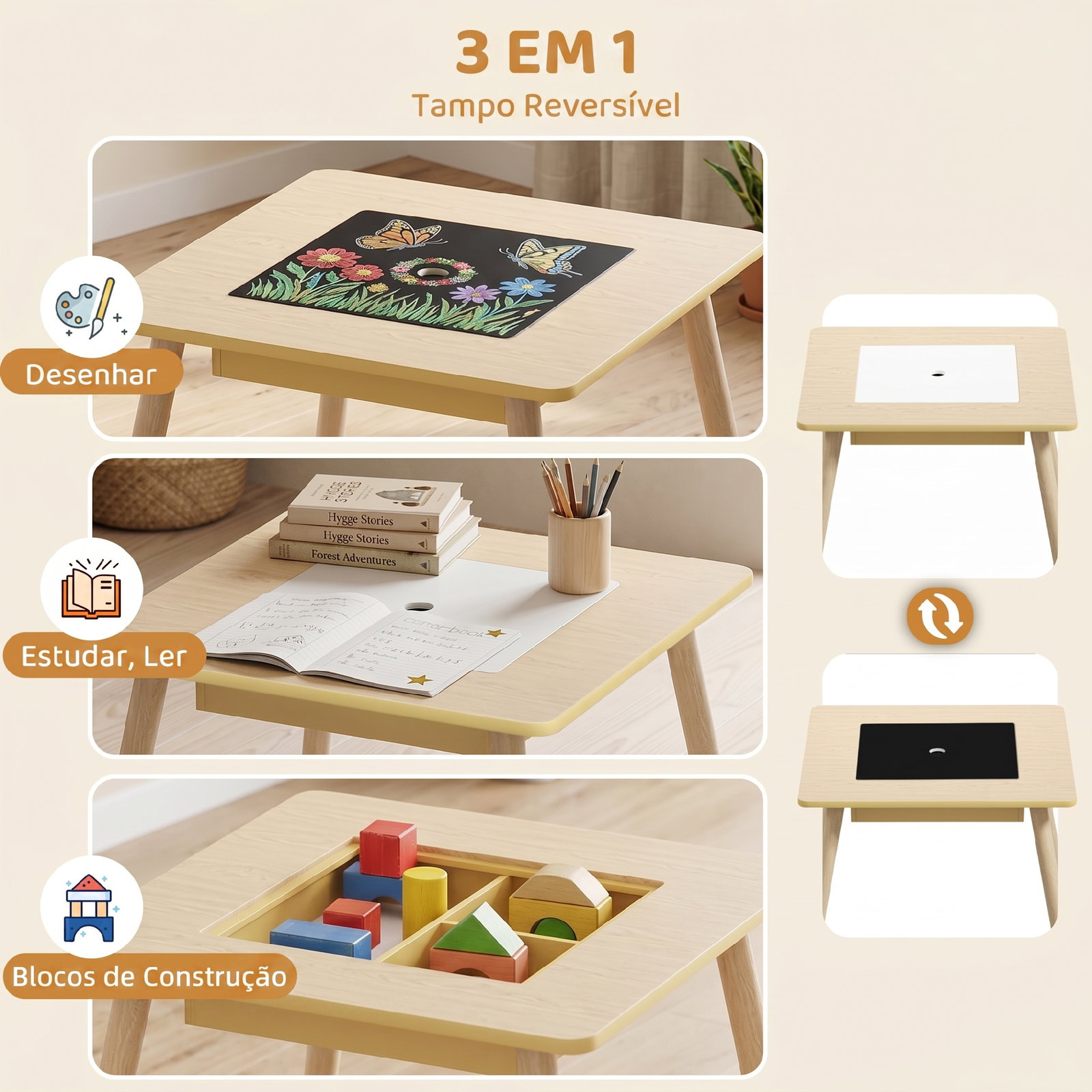 Conjunto de mesa e 2 cadeiras com encosto em forma de ursinho e compartimentos ocultos madeira e branco