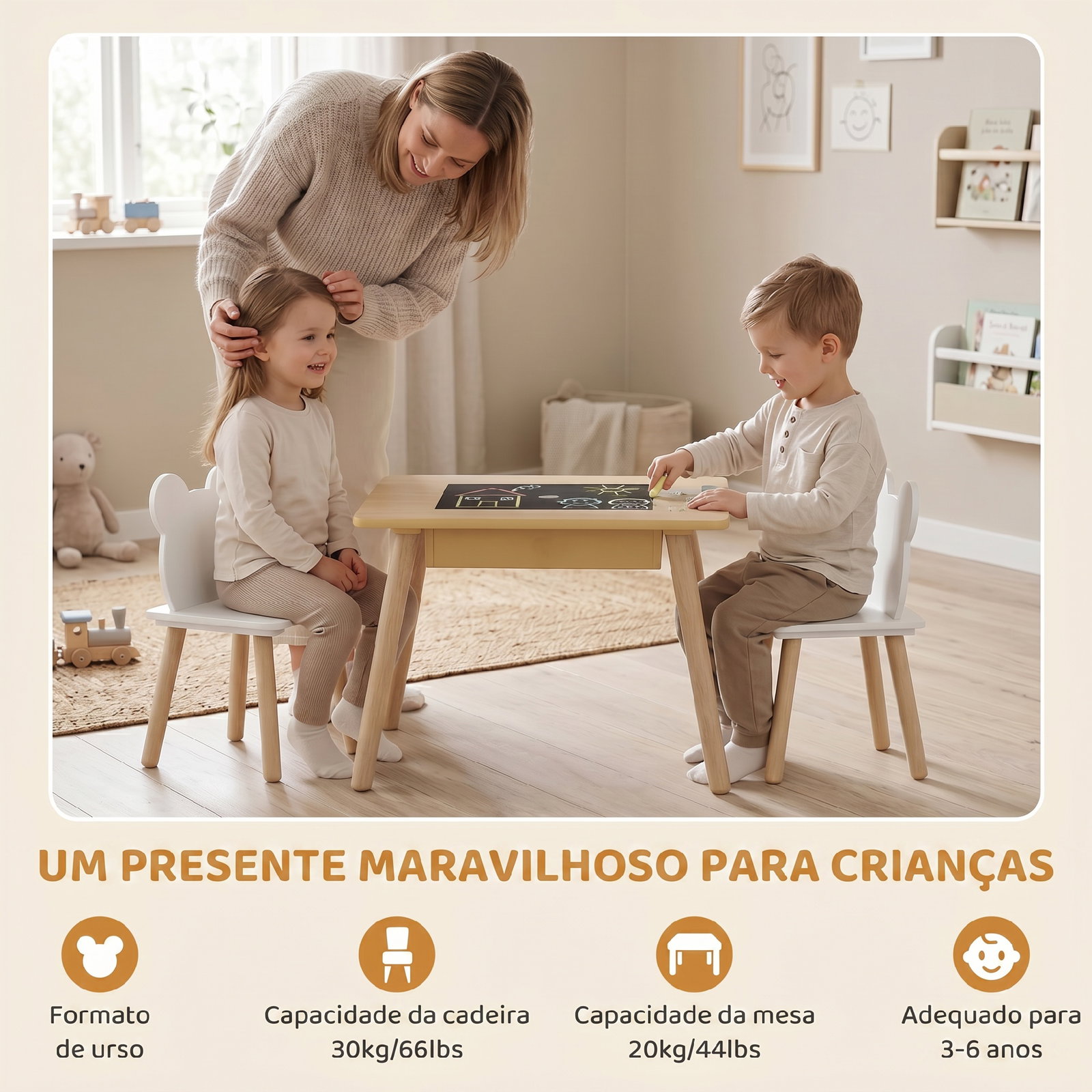 Conjunto de mesa e 2 cadeiras com encosto em forma de ursinho e compartimentos ocultos madeira e branco