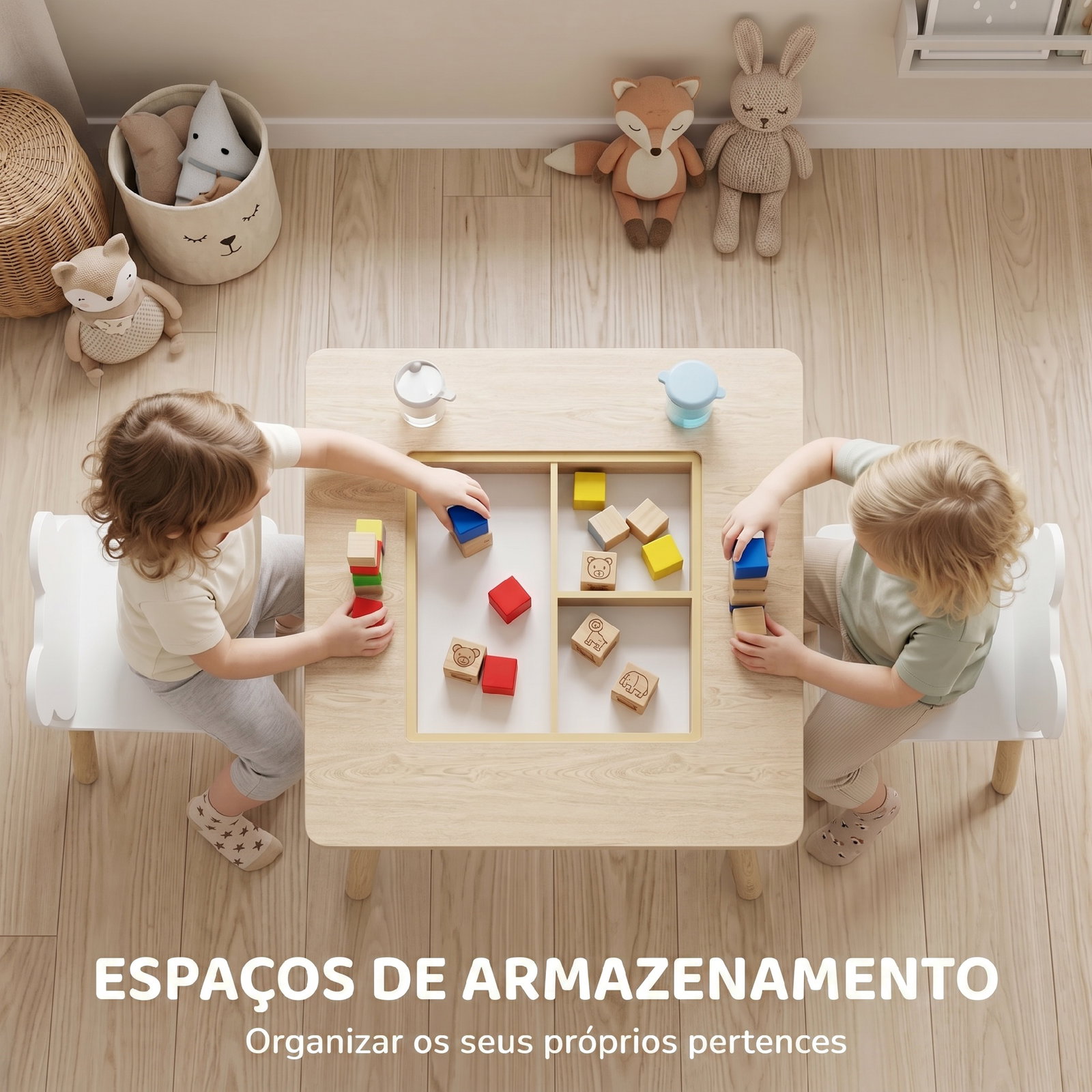 Conjunto de mesa e 2 cadeiras com encosto em forma de ursinho e compartimentos ocultos madeira e branco