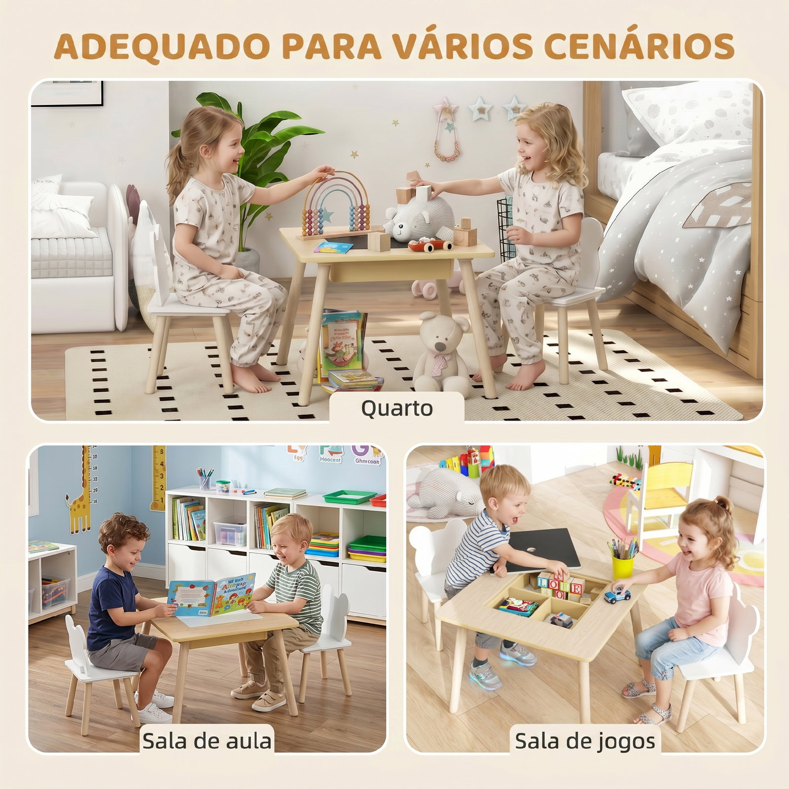 Conjunto de mesa e 2 cadeiras com encosto em forma de ursinho e compartimentos ocultos madeira e branco