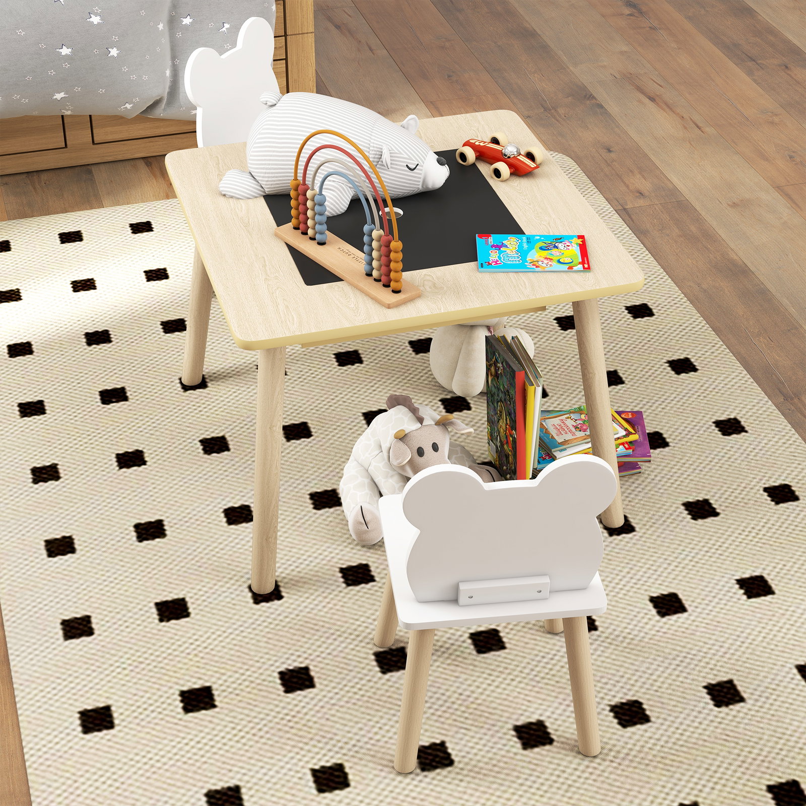 Conjunto de mesa e 2 cadeiras com encosto em forma de ursinho e compartimentos ocultos madeira e branco