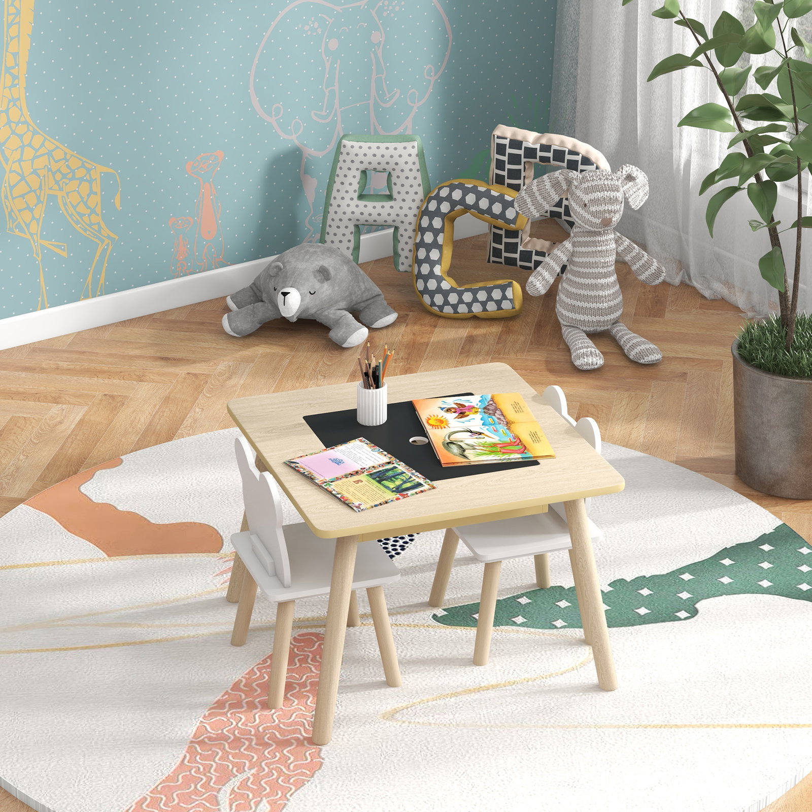 Conjunto de mesa e 2 cadeiras com encosto em forma de ursinho e compartimentos ocultos madeira e branco