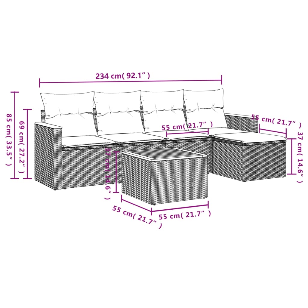 6 Pcs conjunto sofás de jardim c/ almofadões vime PE preto