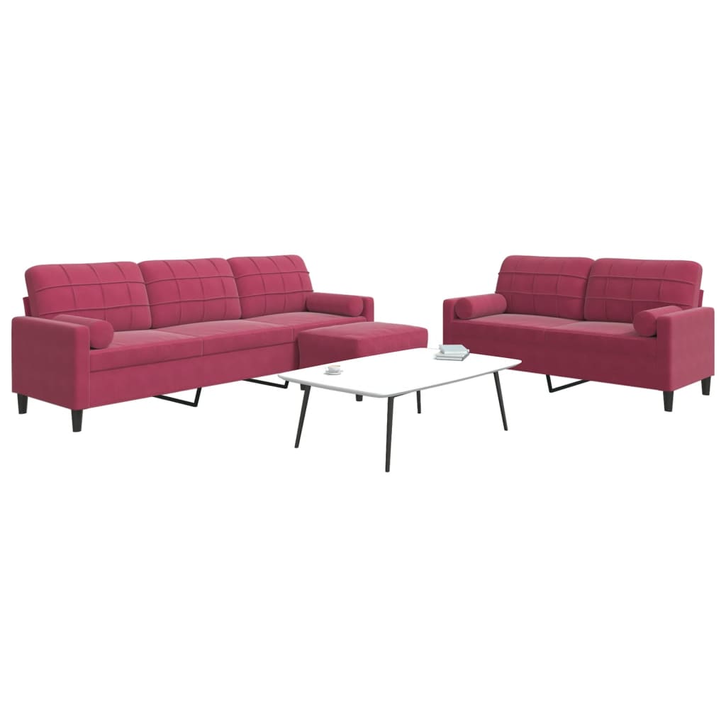 3Pcs conjunto sofás c/ almofadões e rolos veludo vermelho tinto