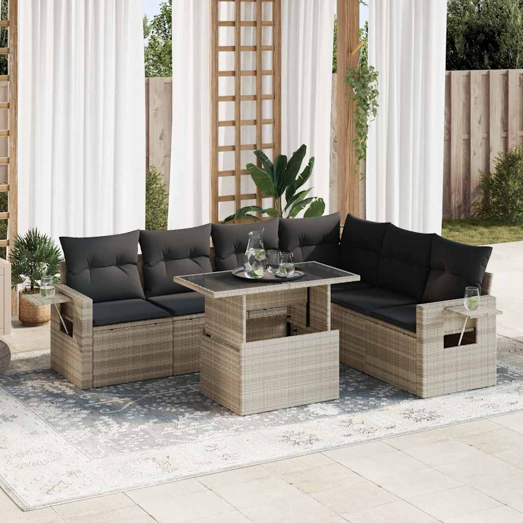 7 Pcs conj. sofás jardim com almofadões vime PE cinzento-claro