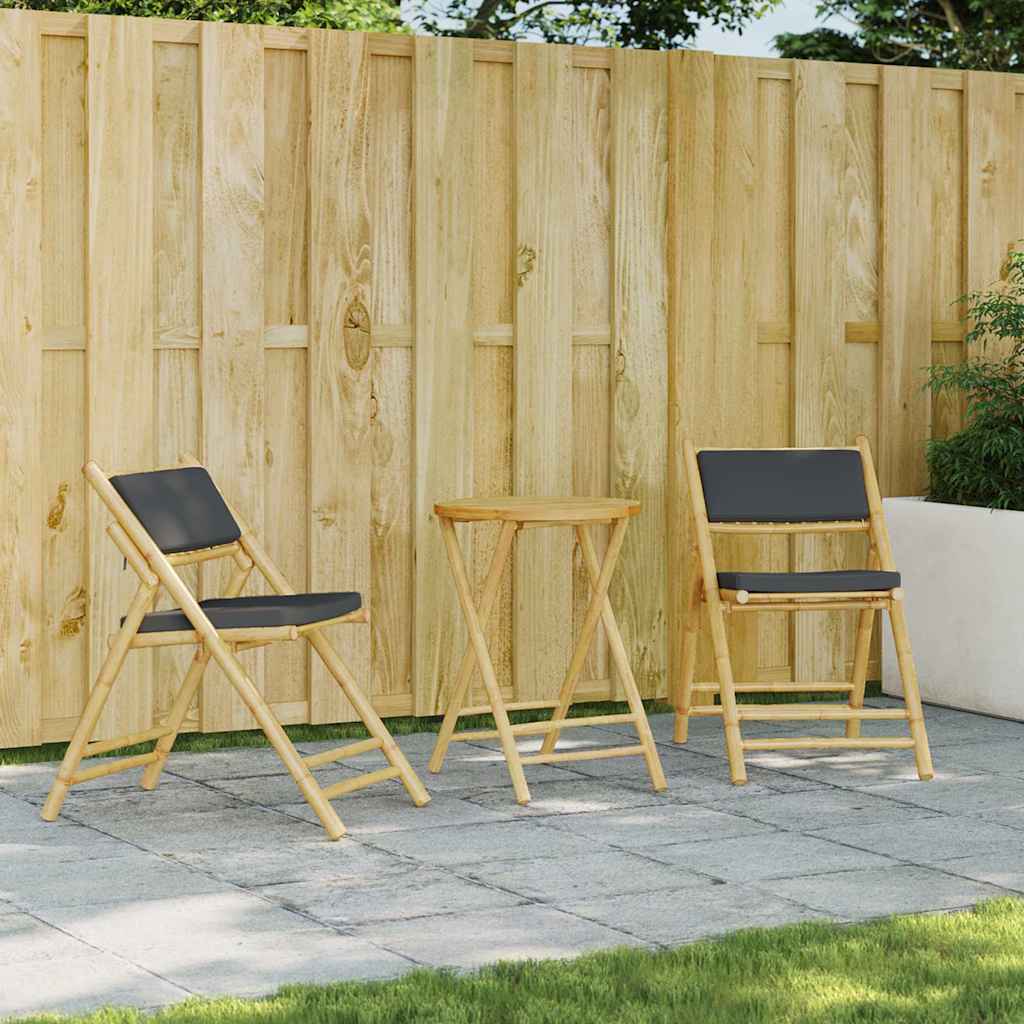 2Pcs cadeiras bistrô dobráveis c/ almofadões cinza escuro bambu