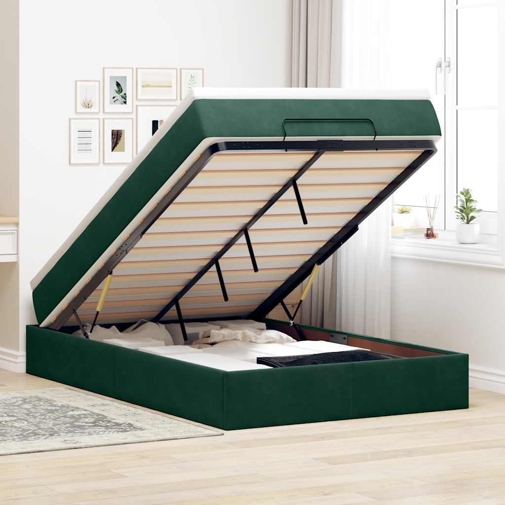 Estrutura de cama otomana com colchão verde escuro veludo