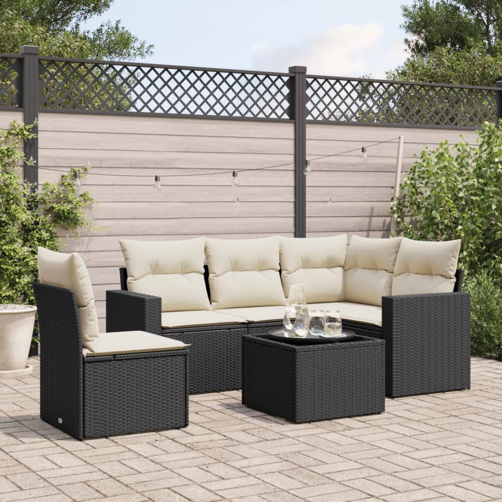 6 Pcs conjunto sofás de jardim c/ almofadões vime PE preto
