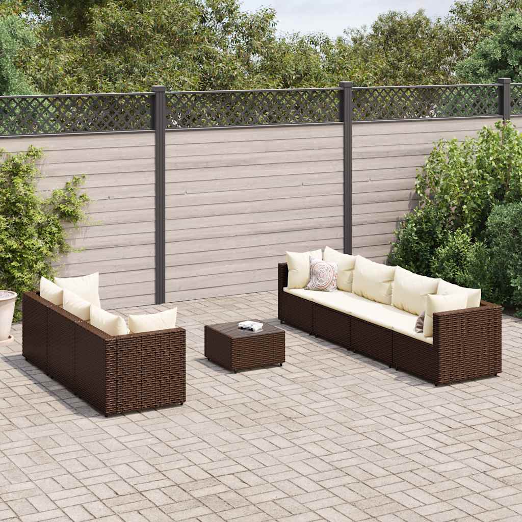 8 Pcs conjunto lounge jardim c/ almofadões vime PE castanho