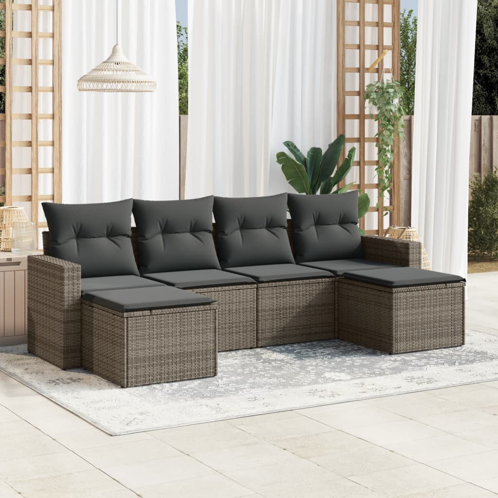 6 Pcs conjunto sofás de jardim com almofadões vime cinzento
