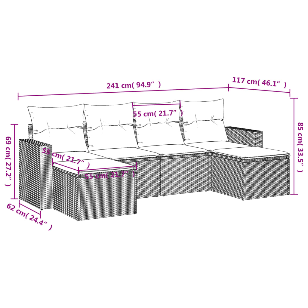 6 Pcs conjunto sofás de jardim com almofadões vime cinzento