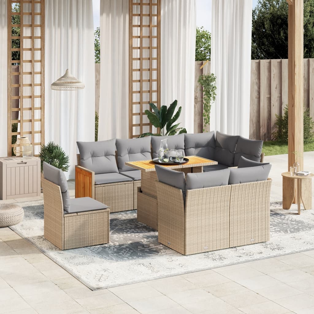 9 Pcs conjunto de sofás p/ jardim com almofadões vime PE bege