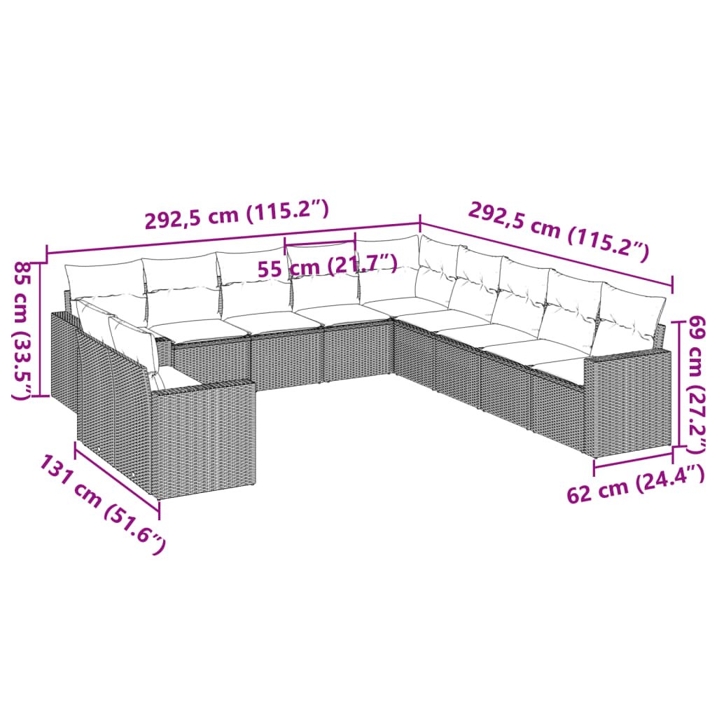 11 Pcs conjunto sofás de jardim c/ almofadões vime PE castanho