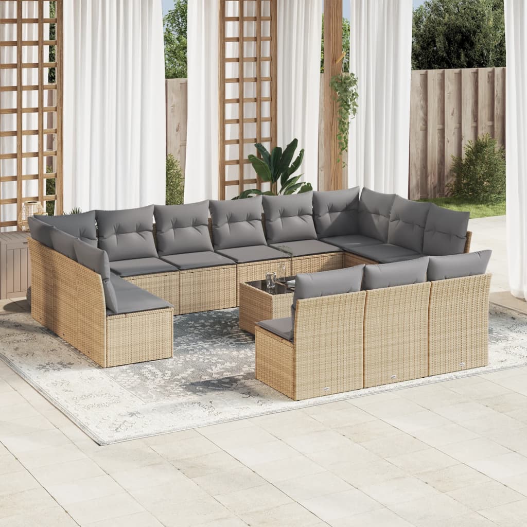 14 Pcs conjunto de sofás p/ jardim com almofadões vime PE bege